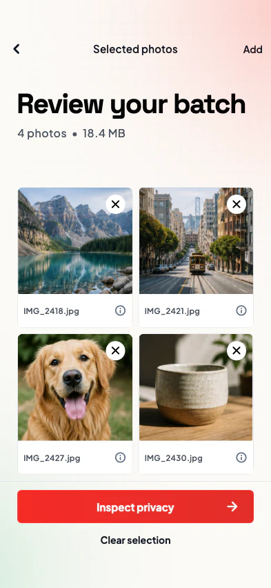 SafeShare batch review with four selected photos and Inspect privacy action.