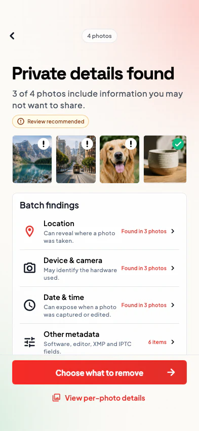 SafeShare privacy inspection showing location, device, date and other metadata findings.