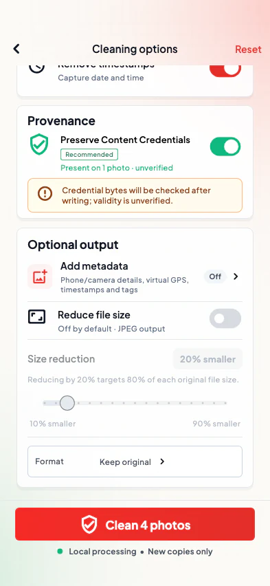 SafeShare Cleaning options screen with privacy, provenance, metadata, size reduction, and format controls.
