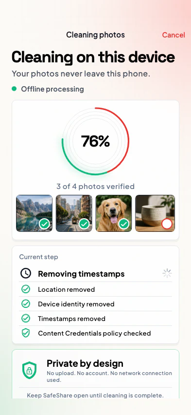 SafeShare on-device cleaning progress with per-photo processing status.
