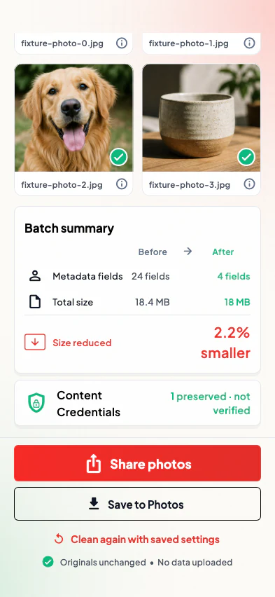 SafeShare result screen with verified previews, metadata summary, Share photos, and Save to Photos.